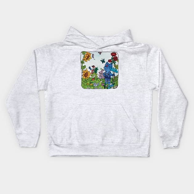 gardening cat garden flowers butterflies watercolor illustration Kids Hoodie by maoudraw